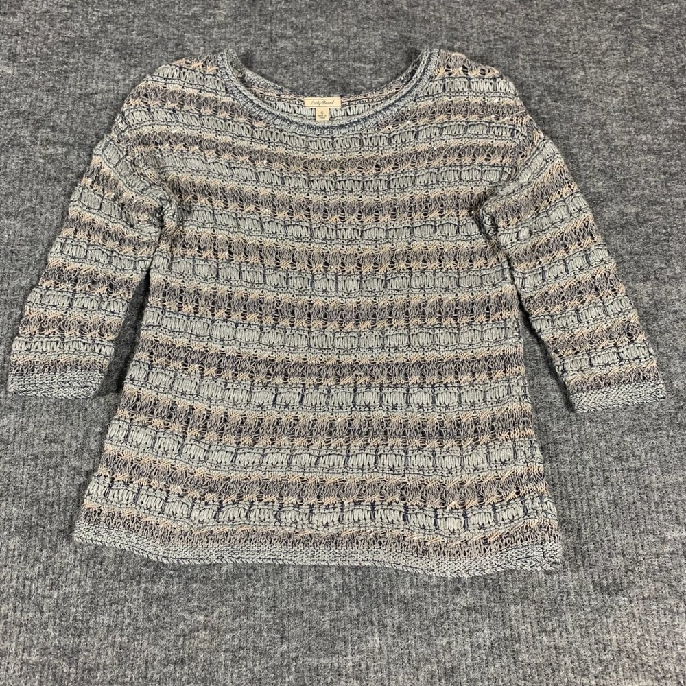Lucky Brand Sweater Womens Small Blue Open Knit Metallic Stripe 3/4 Sleeve Comfy
